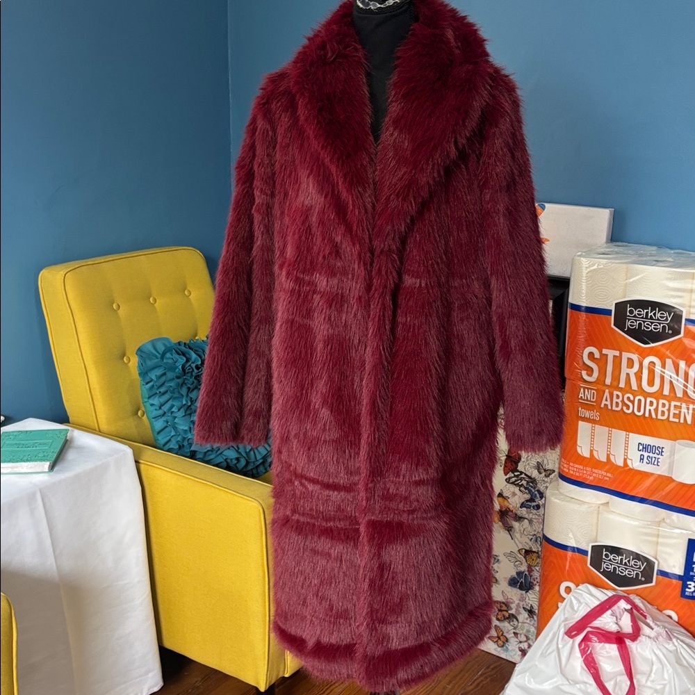 Fashion Nova Burgundy Fur Jacket NWT